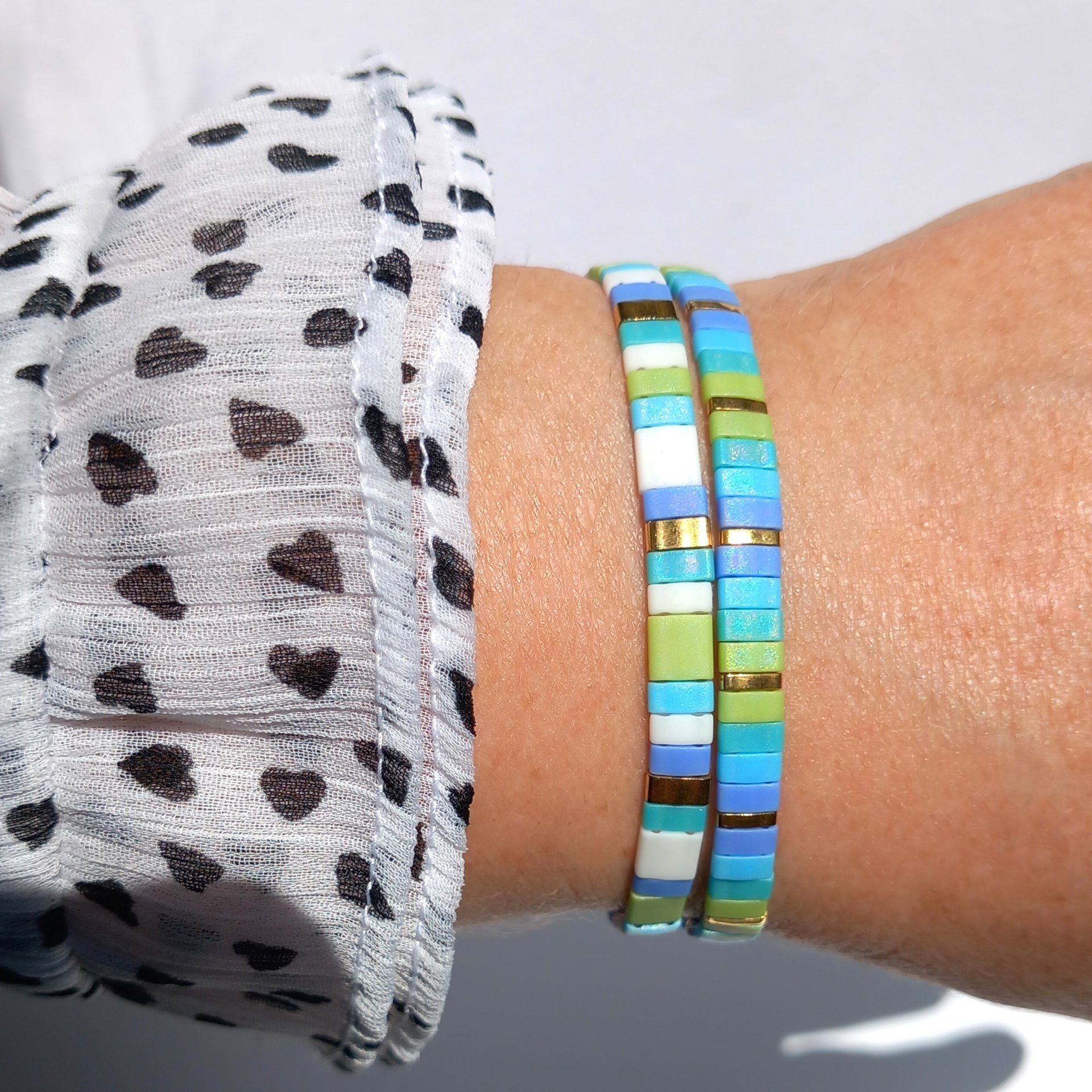Miyuki tila stretch bracelet set in light blue and chartreuse green colour, two matching designs for stacking or a single bracelet