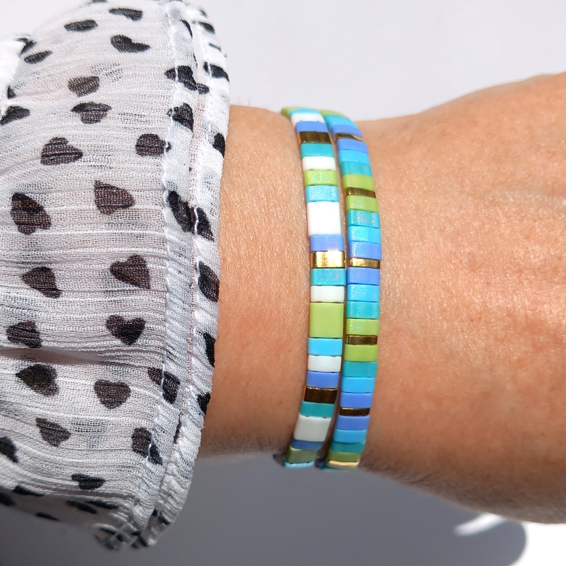 Miyuki tila stretch bracelet set in light blue and chartreuse green colour, two matching designs for stacking or a single bracelet