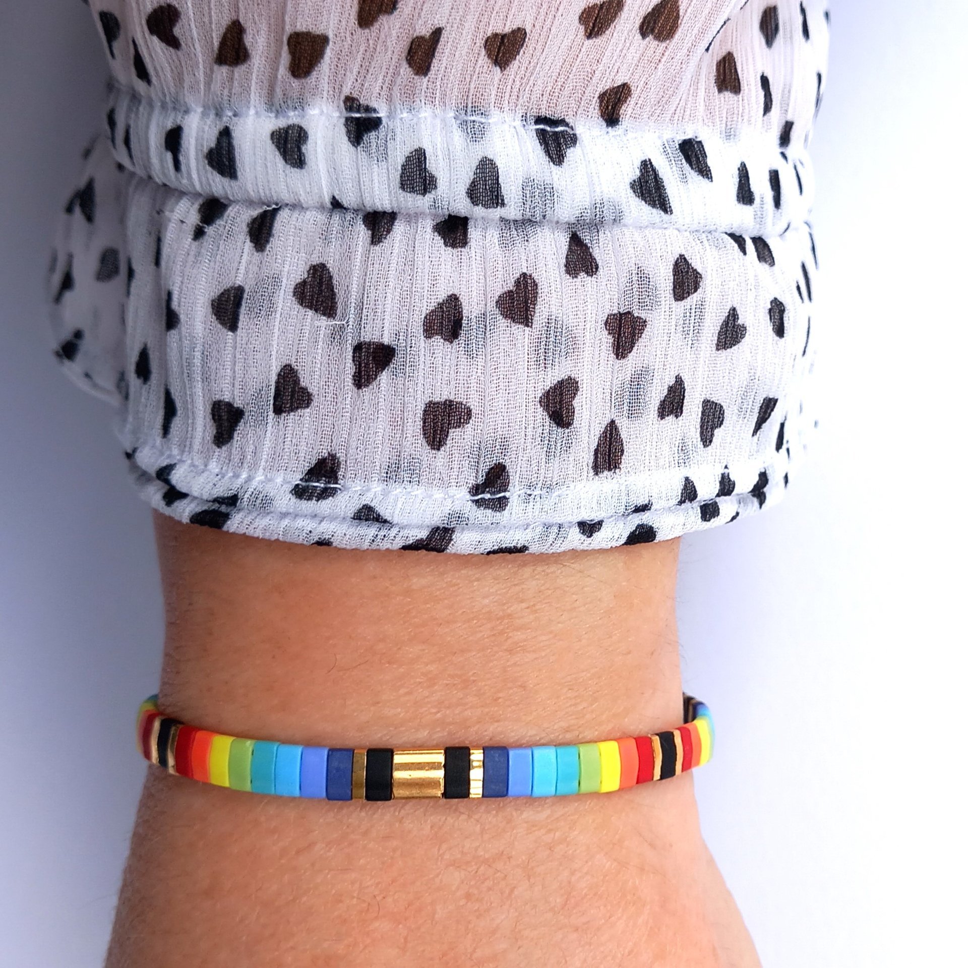 Miyuki tila stretch bracelet in rainbow and gold colours, comfortable boho jewellery
