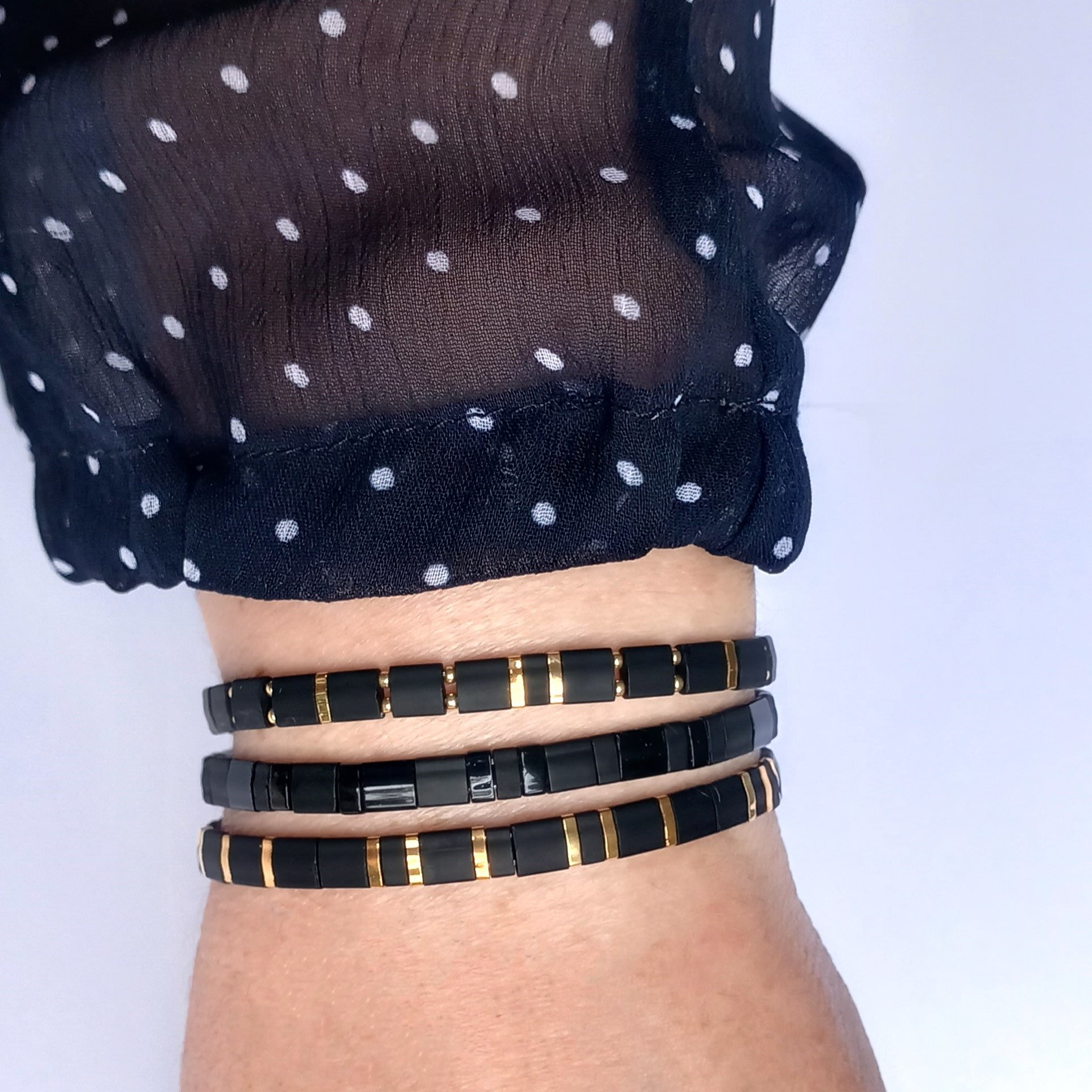 Glass tile stretch bracelet set in black and gold, three designs available perfect for stacking or separately