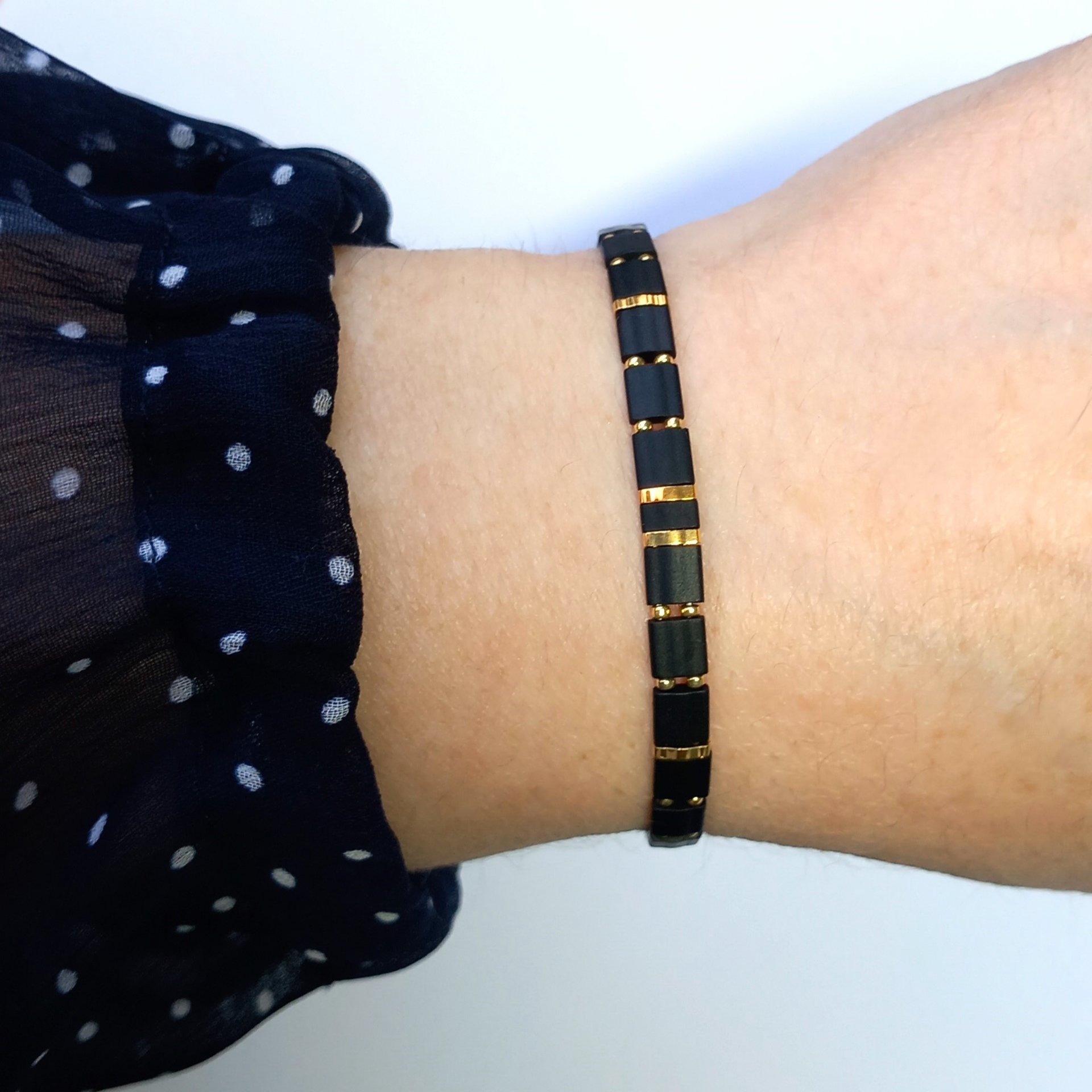Glass tile stretch bracelet set in black and gold, three designs available perfect for stacking or separately