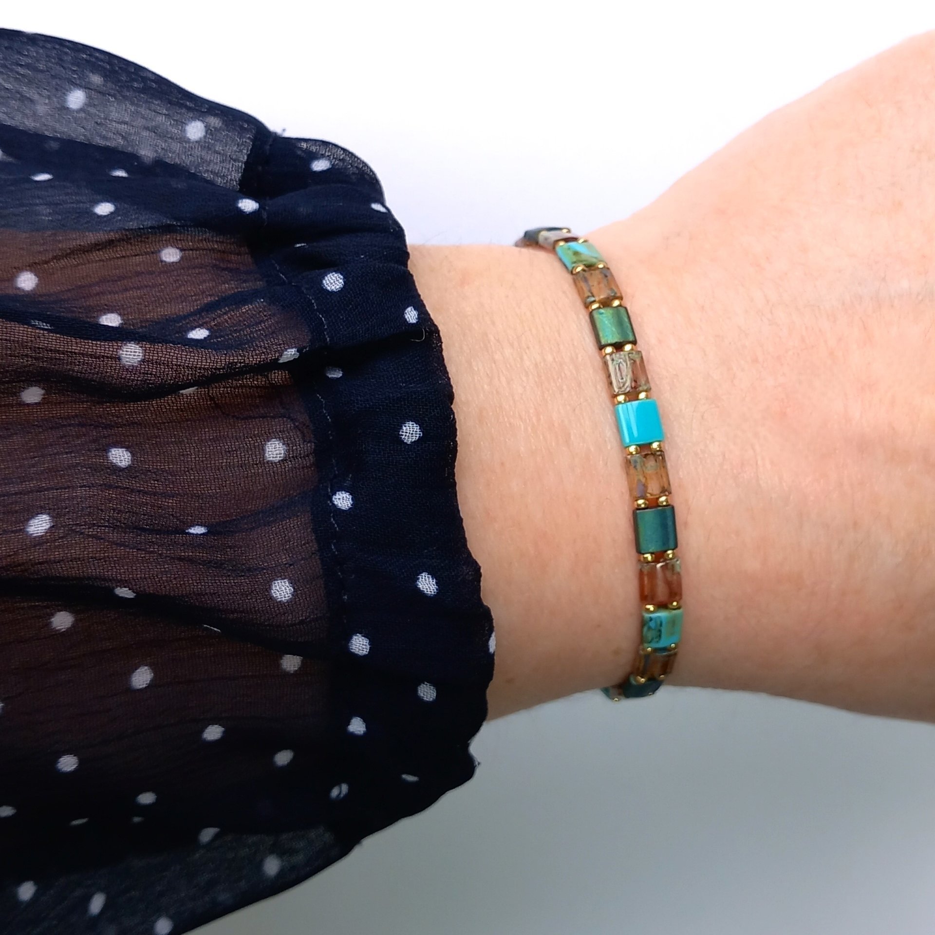 Miyuki tila stretch bracelet set in turquoise, bronze and gold, two matching designs for stacking or a single bracelet
