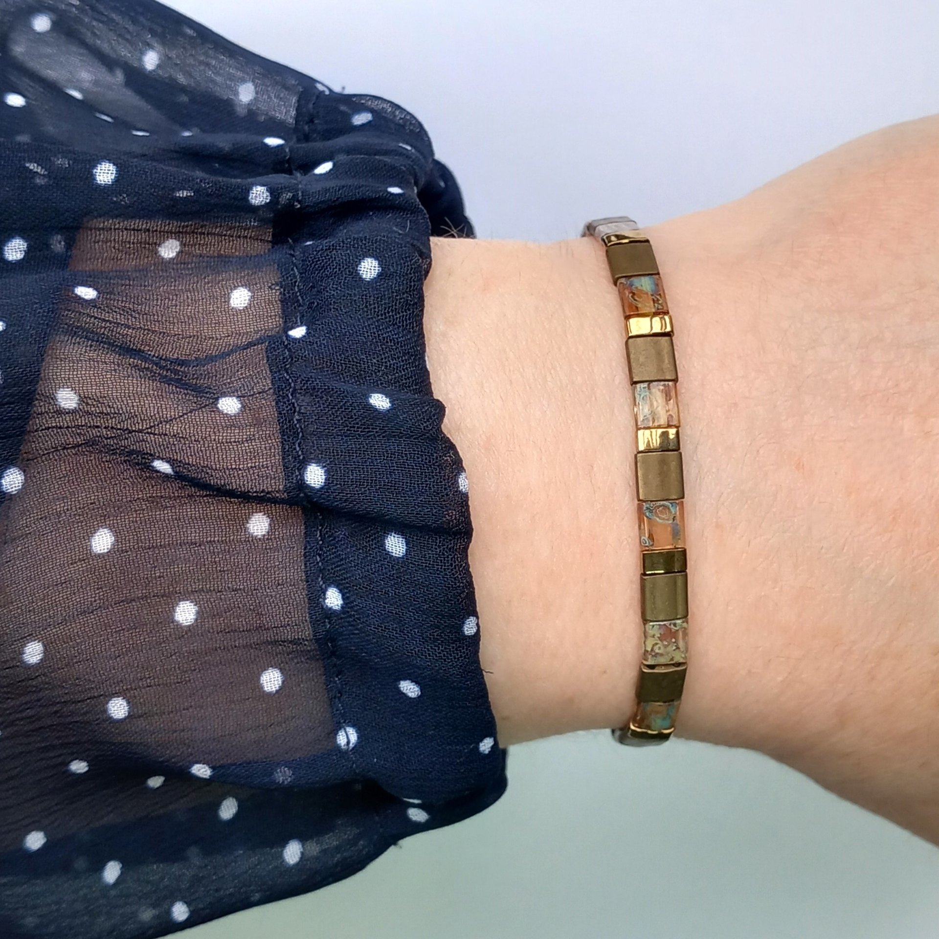 Miyuki tila stretch bracelet set in turquoise, bronze and gold, two matching designs for stacking or a single bracelet