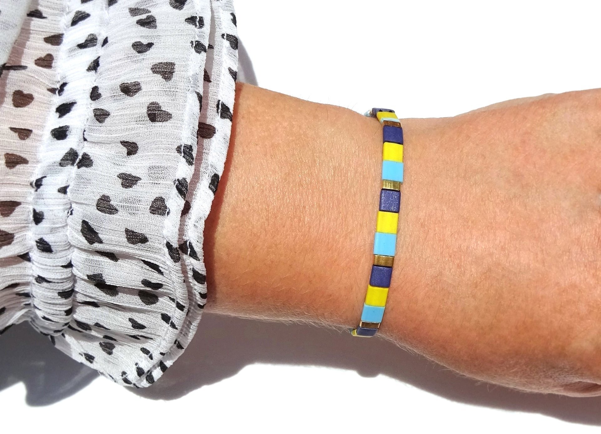 Miyuki tila stretch bracelet, turquoise blue, yellow, dark blue and gold-plated tila beads