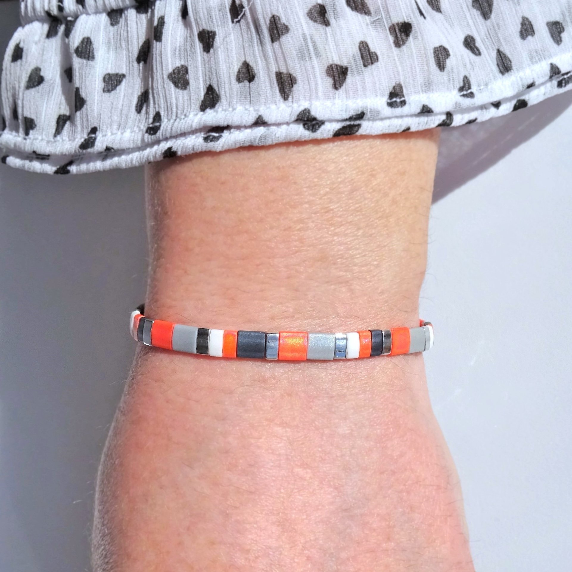 Miyuki tila stretch bracelet, bright orange, gray, white and silver color tila beads, summer jewelry