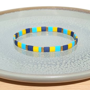 Miyuki tila stretch bracelet, turquoise blue, yellow, dark blue and gold-plated tila beads