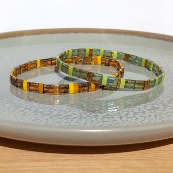 Miyuki tila stretch bracelet in chartreuse green, warm yellow and topaz colour with gold-plated beads, two designs for stacking or as a single bracelet