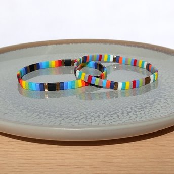 Miyuki tila stretch bracelet set in rainbow and bronze colours, two bracelets with matching designs for stacking or separately, bright summer colours