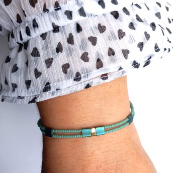 Elegant miyuki beads bracelet strung on quality wire (Beadalon 49-strand wire) using Japanese glass beads which are known for their precision and quality  Handmade with care and attention to detail and made to order at your size  Two strands with the tiniest miyuki rocailles (seed beads) in ocean green, iridescent blue-green tila beads and a single bronze colour half tila bead in the centre  Available sizes (length): 15cm (5.9in), 15.5cm (6.1in), 16cm (6.3in), 16.5cm (6.5in), 17cm (6.7in), 17.5cm (6.9in), 1