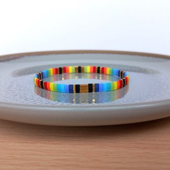 Miyuki tila stretch bracelet in rainbow and gold colours, comfortable boho jewellery