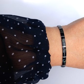 Glass tile stretch bracelet, black and silver color miyuki tila beads