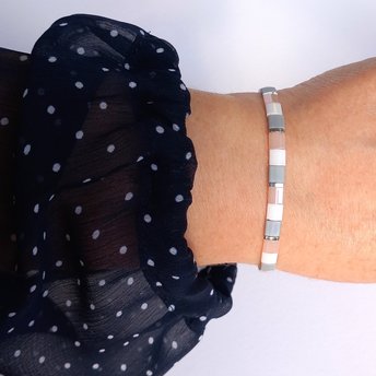 Glass tile stretch bracelet in subtle colours, pale pink, white, gray and silver colour miyuki tila beads
