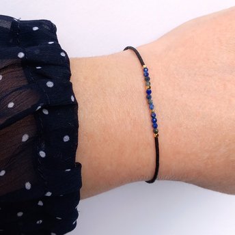 Thin miyuki stretch bracelets with blue sodalite, matte tiny glass beads and gold-plated beads, three designs in minimalist style