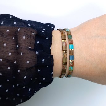 Miyuki tila stretch bracelet set in turquoise, bronze and gold, two matching designs for stacking or a single bracelet