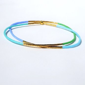 Thin miyuki wrapped stretch bracelet with blue, green and gold-plated tiny beads, minimalist summer jewelry