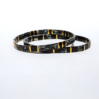 Elegant miyuki tila beads bracelet set strung on transparent stretch cord - Two matching designs with black and gold-plated tila beads 
